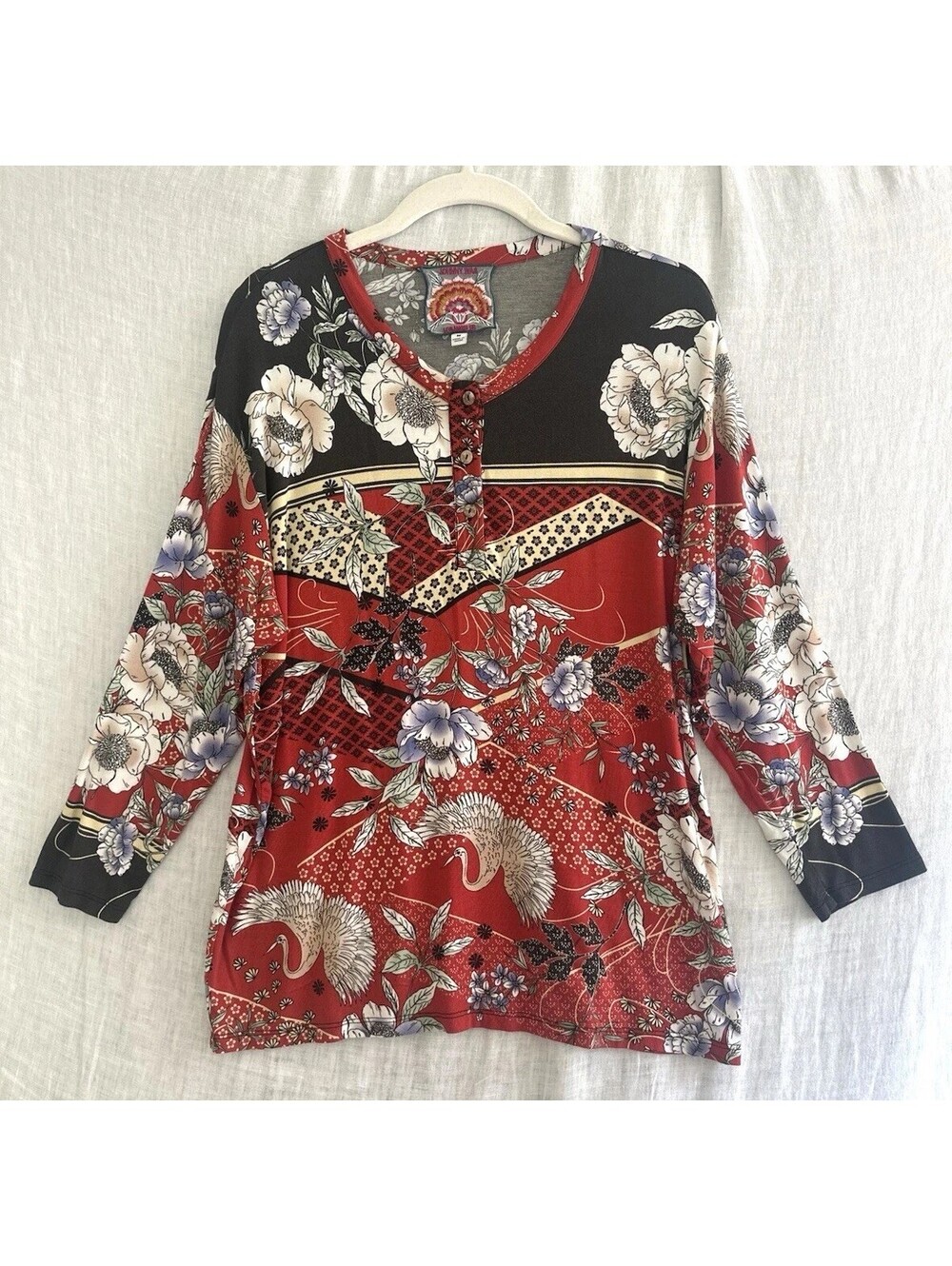Johnny Was Red Floral Tura Henley Tee Shirt Boho Top Women’s Size Medium